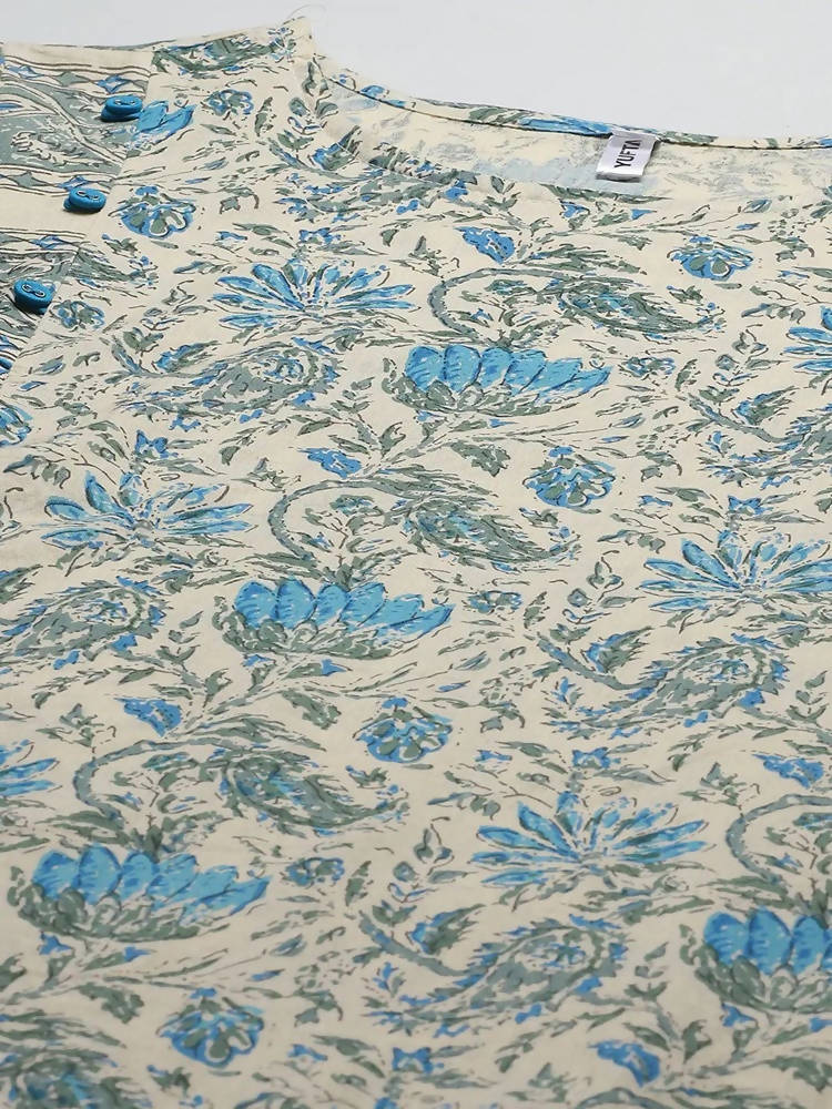 Yufta Women Beige Floral Printed Regular Pure Cotton Kurta with Trouser