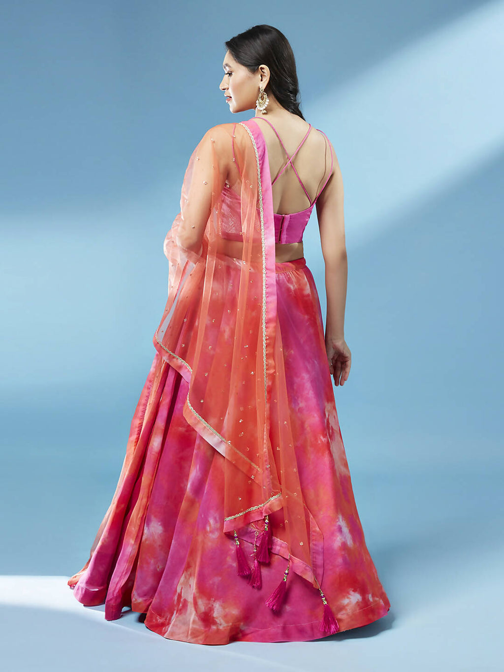 House of Panchhi Orange Organza Shibori Printed Lehenga choli & Dupatta