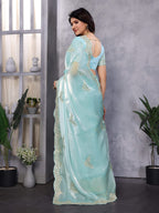Vastranavya Sky Blue Embroidery Work Shimmer Chiffon Saree with Unstitched Blouse - Distacart