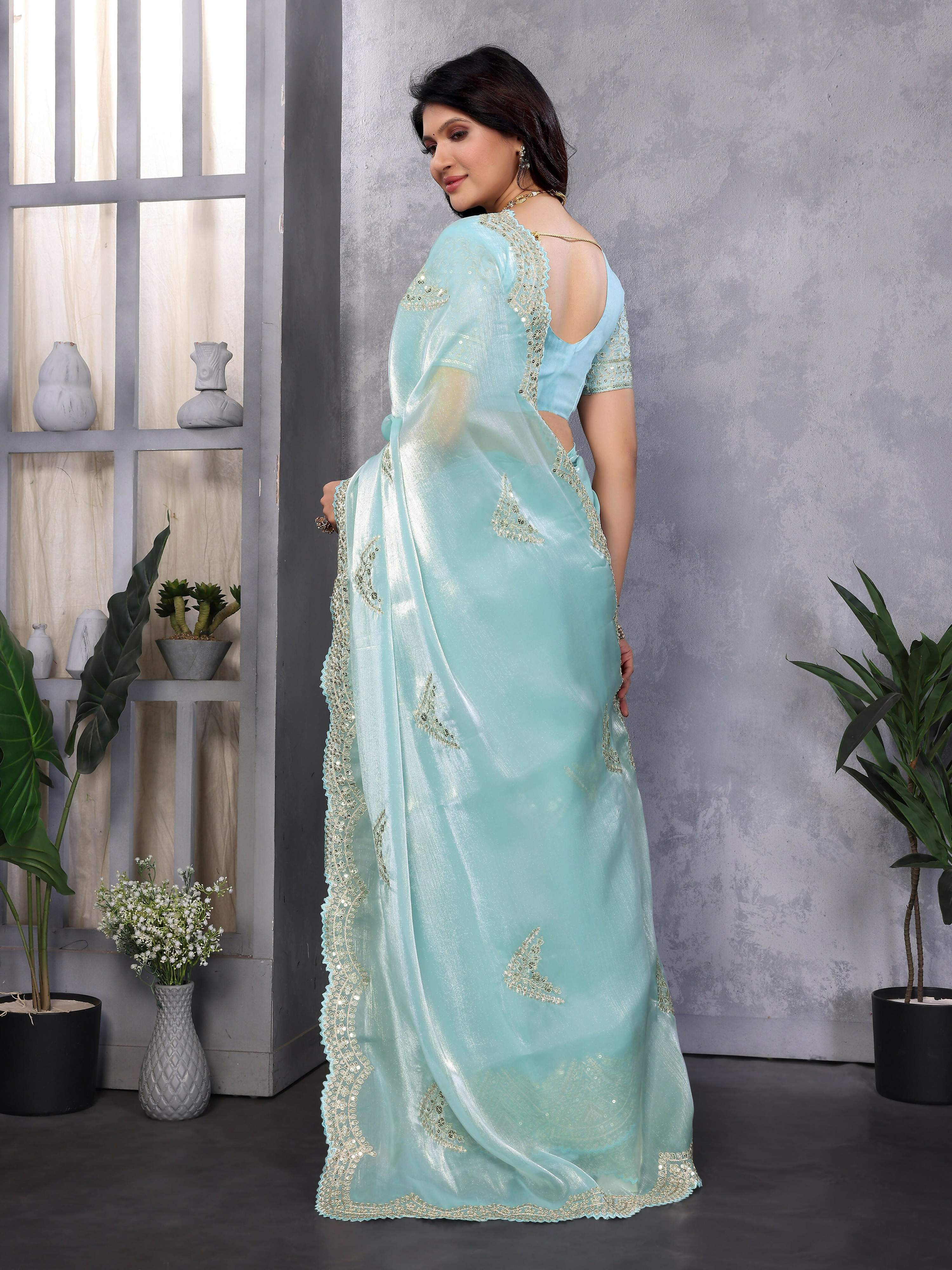 Vastranavya Sky Blue Embroidery Work Shimmer Chiffon Saree with Unstitched Blouse - Distacart