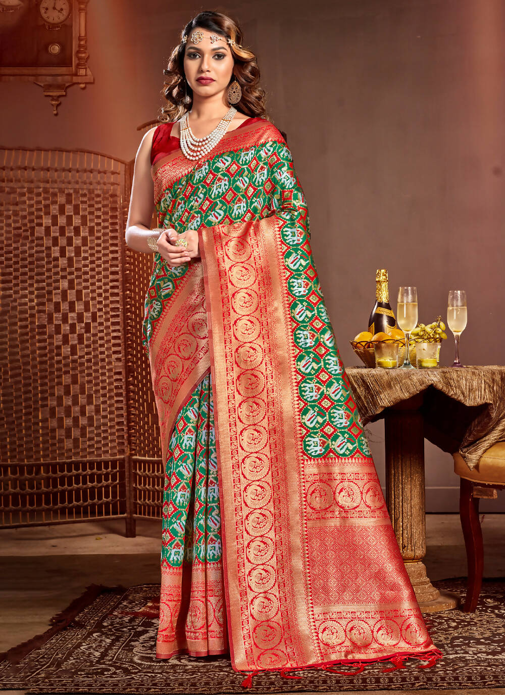 Green Patola Silk Zari Woven Design Saree with Unstitched Blouse Piece - Aachal