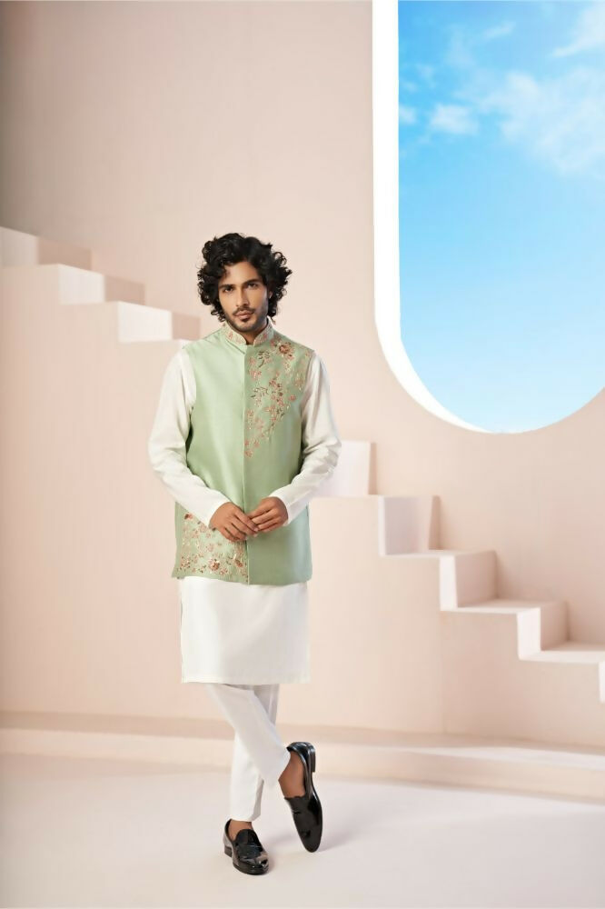 Olive Green Hand Embroidered Nehru Jacket by Hilo Design