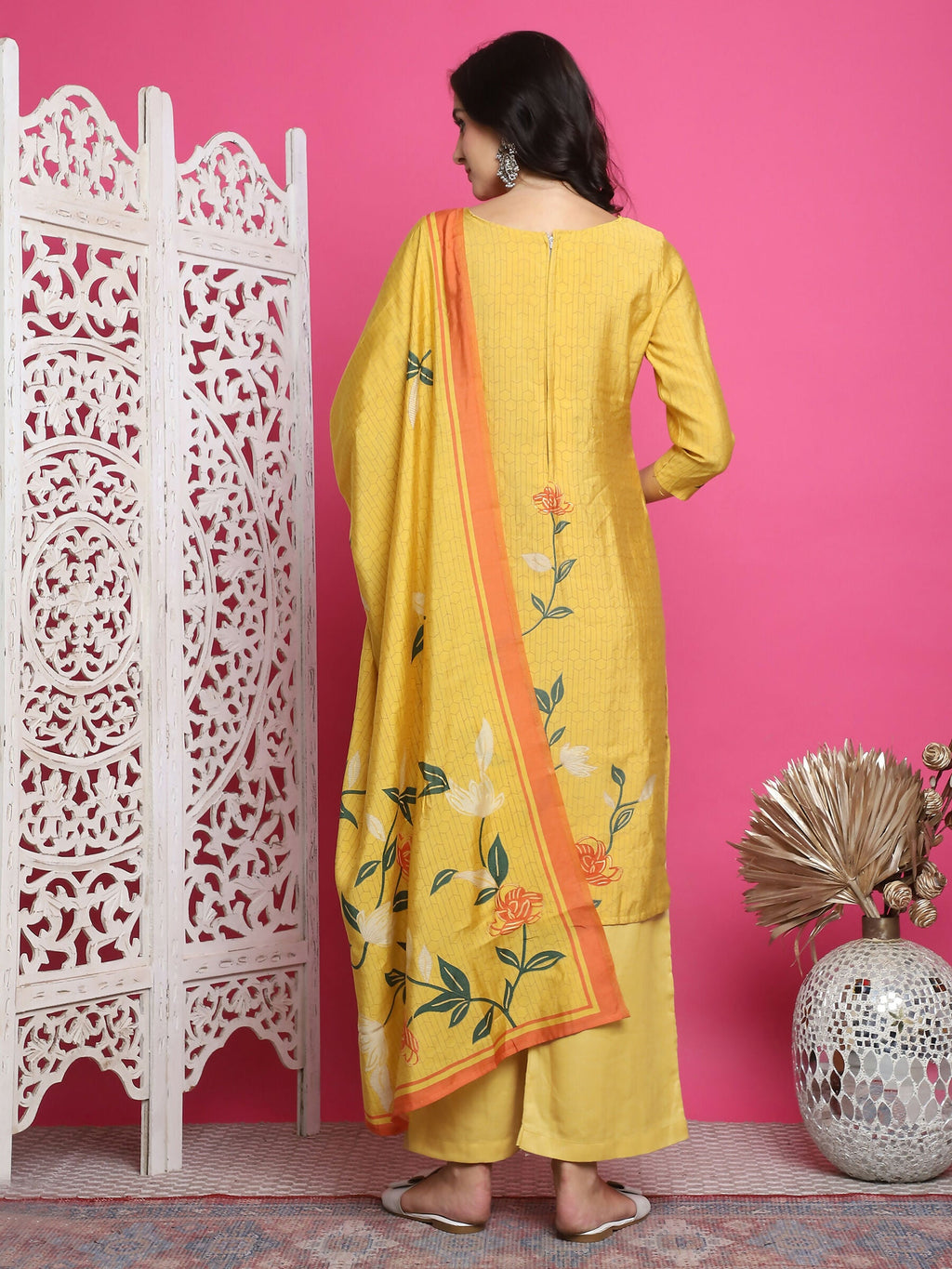Jyoti Fashion Women's Yellow Muslin Floral Print with Jari & Crystal work Kurta with Trouser & Dupatta