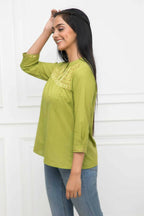 Myshka Women Green Solid Mandarin Collar Regular Sleeves Pure Cotton Top - Distacart
