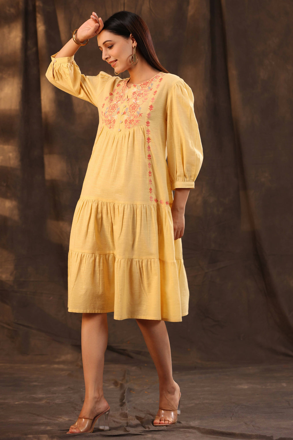 Juniper Women's Yellow Cotton Slub Solid Embroidered Tiered Dress - Distacart