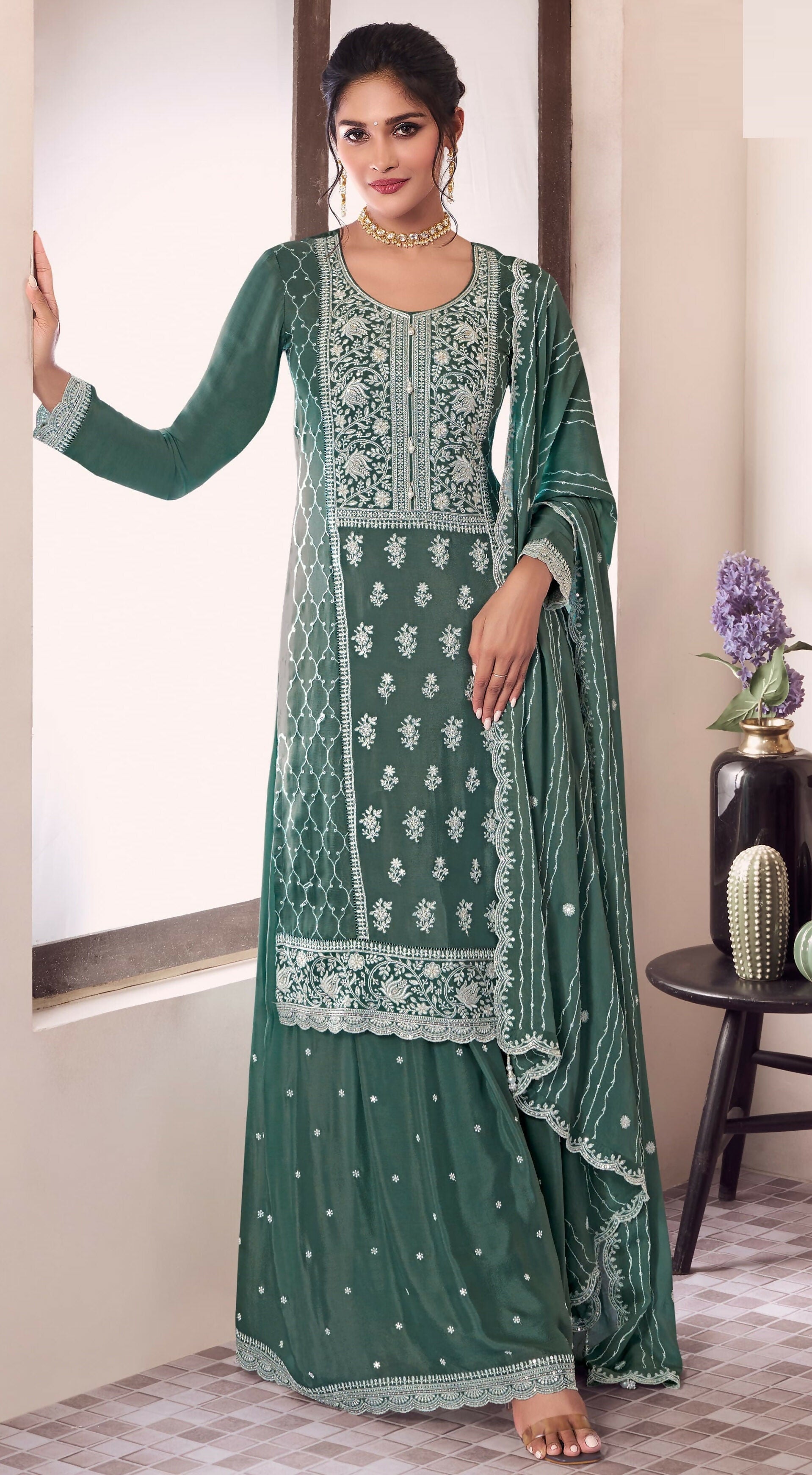 Anaita Green Embroidered Work Silk Stitched Sharara Suit - Distacart