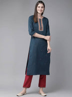 Yufta Navy Blue and Maroon Embroidered Kurta Palazzo Set