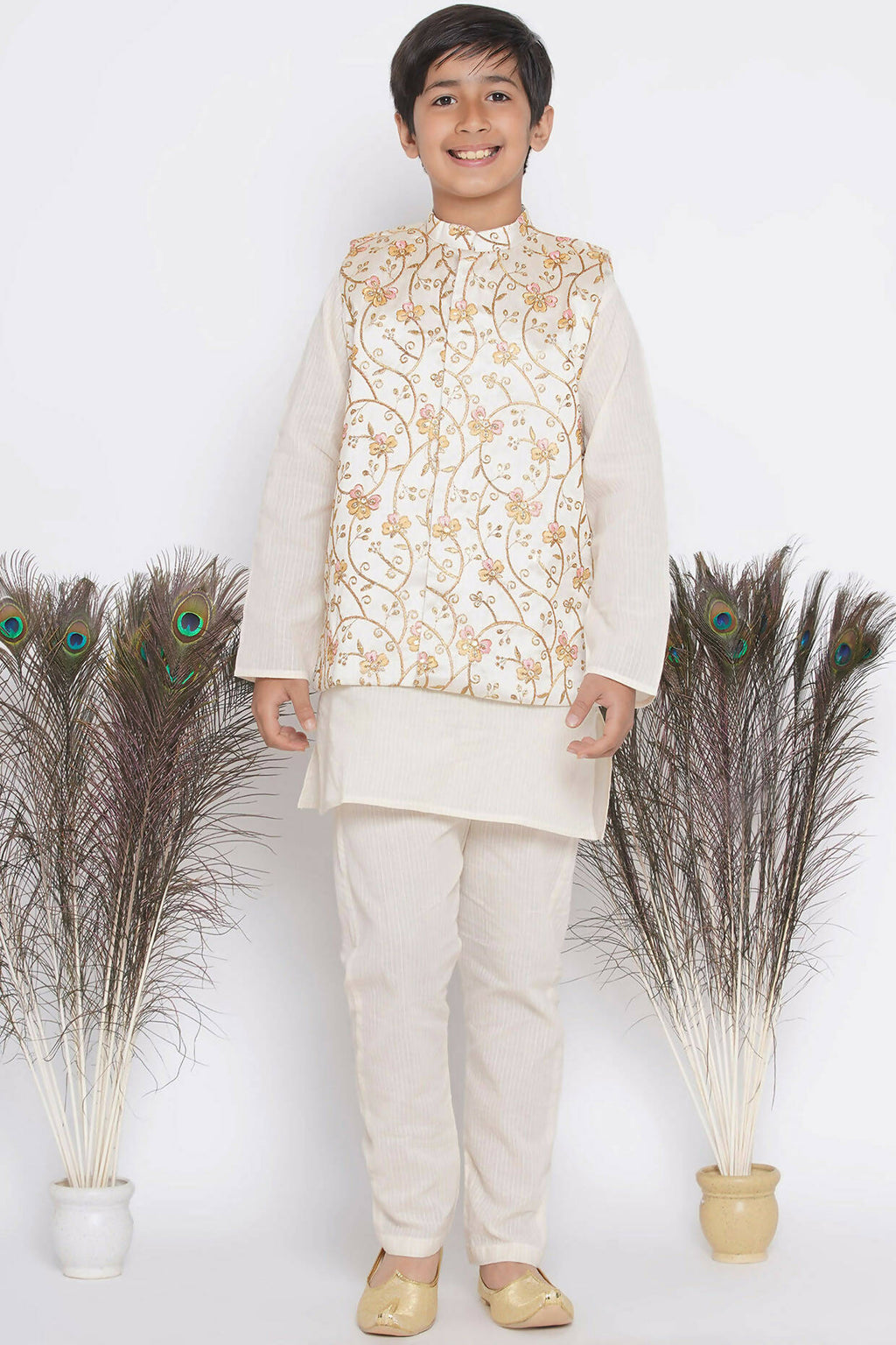 Little Bansi Banarsi Silk Orange Pink Floral Embroidery Jacket with Cotton Kantha kurta and Kantha Pyjama - Cream