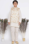Little Bansi Banarsi Silk Orange Pink Floral Embroidery Jacket with Cotton Kantha kurta and Kantha Pyjama - Cream
