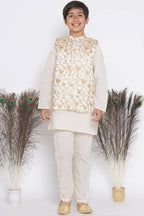 Little Bansi Banarsi Silk Orange Pink Floral Embroidery Jacket with Cotton Kantha kurta and Kantha Pyjama - Cream