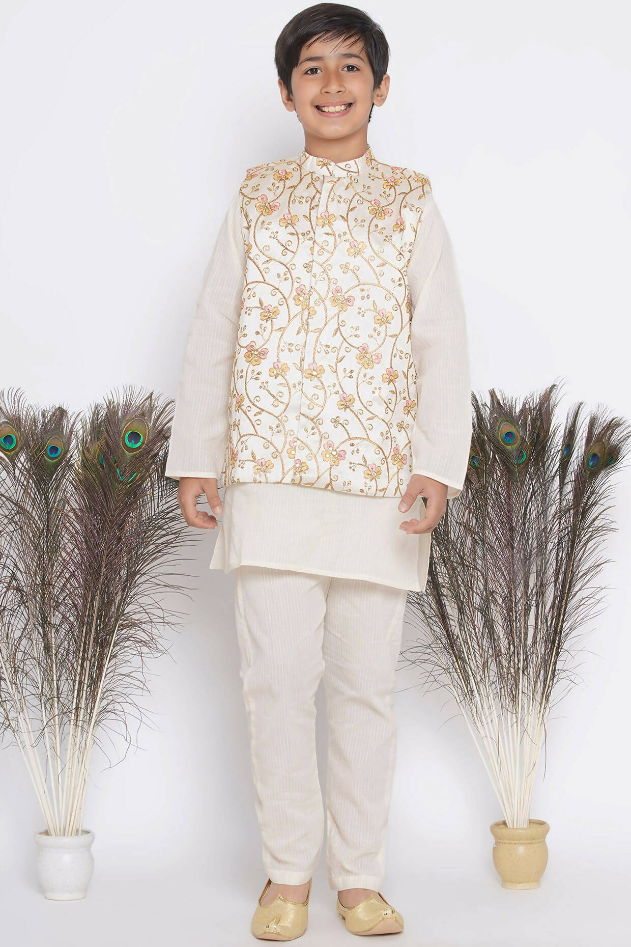 Little Bansi Banarsi Silk Orange Pink Floral Embroidery Jacket with Cotton Kantha kurta and Kantha Pyjama - Cream