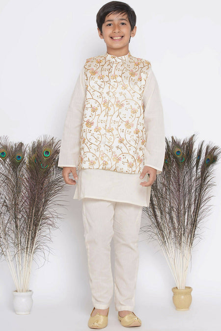 Little Bansi Banarsi Silk Orange Pink Floral Embroidery Jacket with Cotton Kantha kurta and Kantha Pyjama - Cream