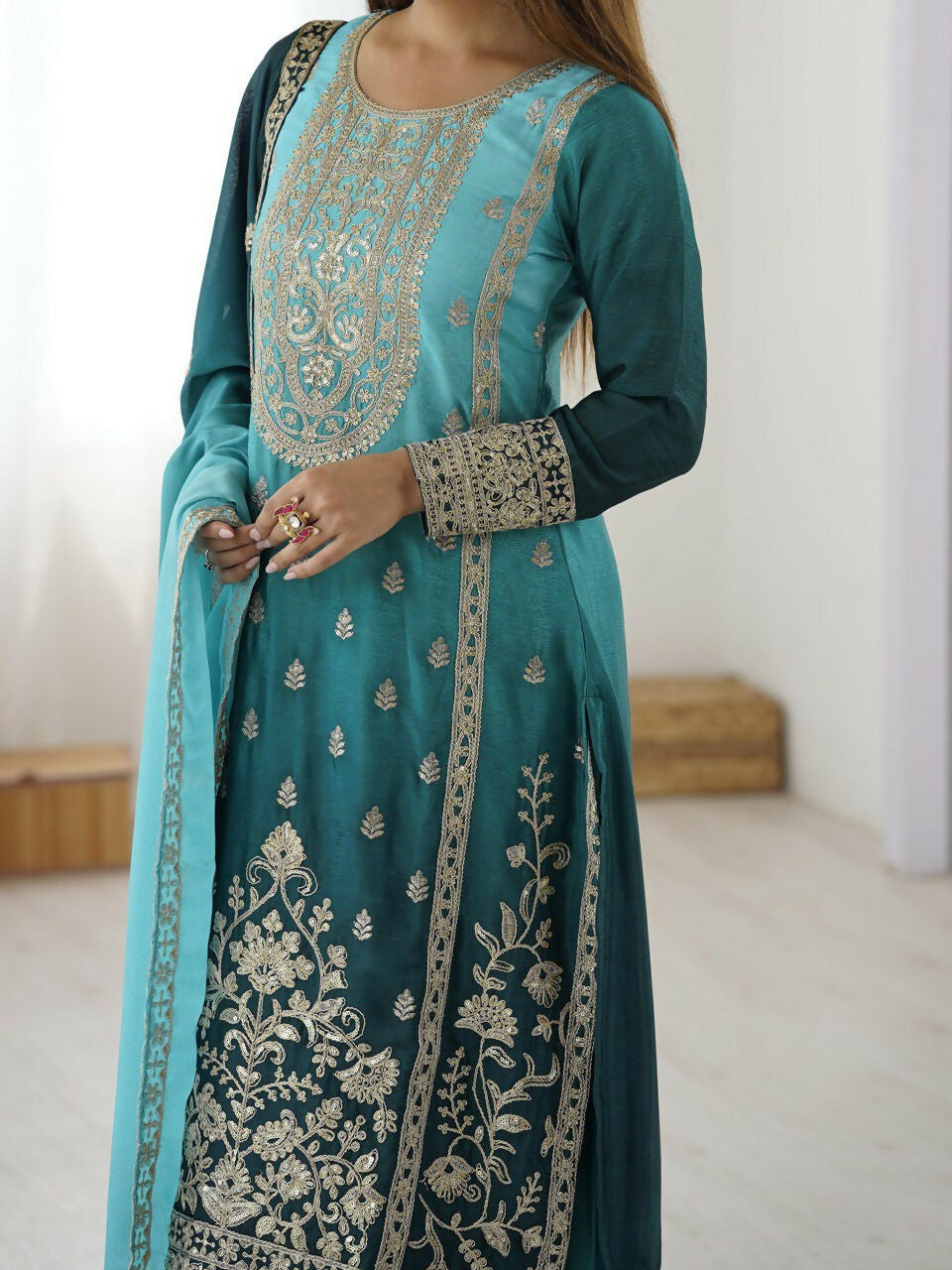 The52 Women's Gorgeous Chinon silk Fabric Embroidery Work Straight Kurta Palazzo and Dupatta Set - Distacart