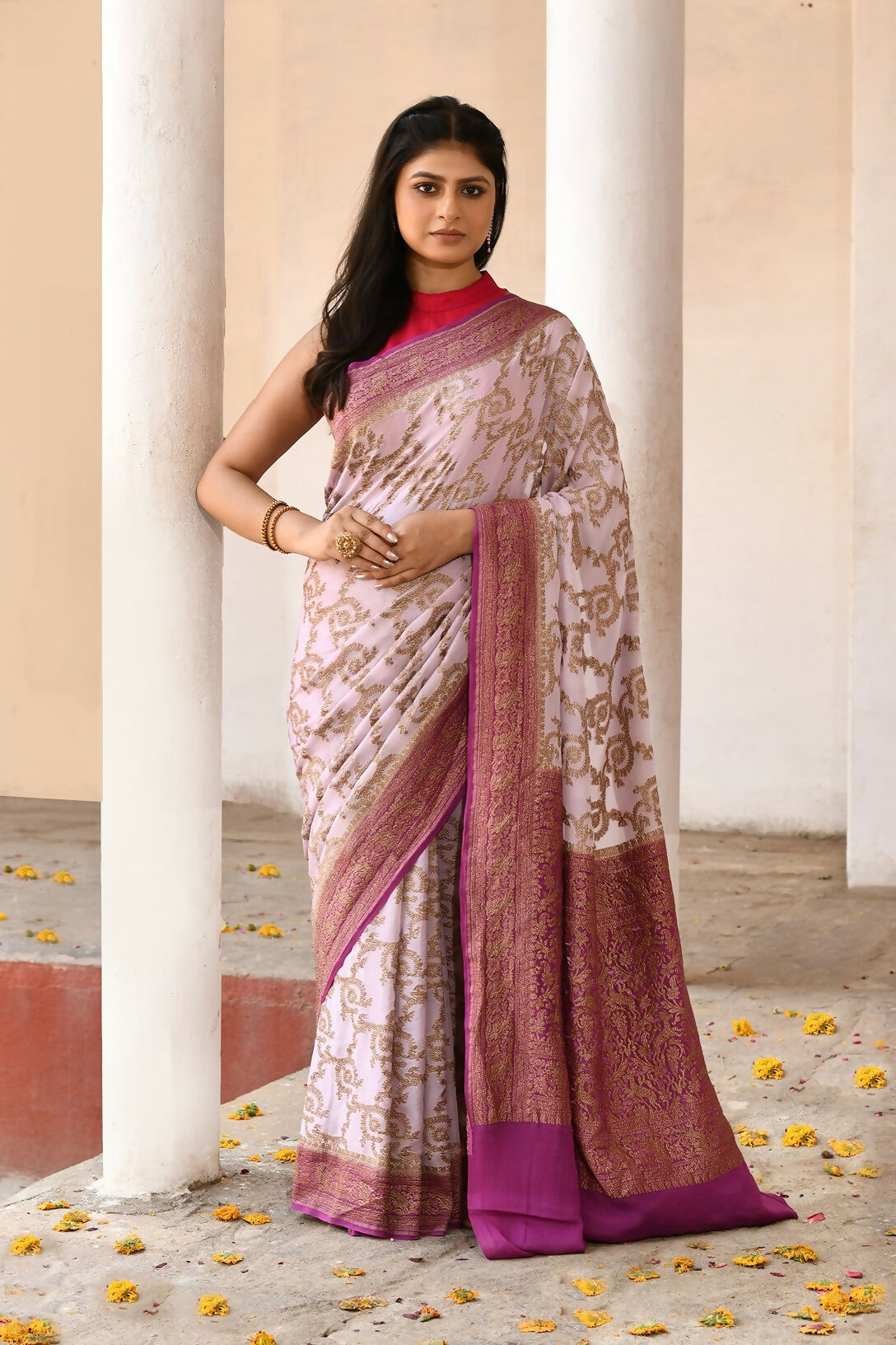 Joban Fashion Pastel Lilac Crepe Chiffon Pure Handloom Banarasi Silk Saree
