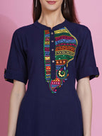 Women Republic Navy Blue Cotton Embroidered Kurta With Pants - Distacart
