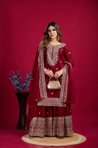 Teeya Creation Maroon Color Chinnon Silk Heavy Embroidery Work Fully Stitched Sharara Suit