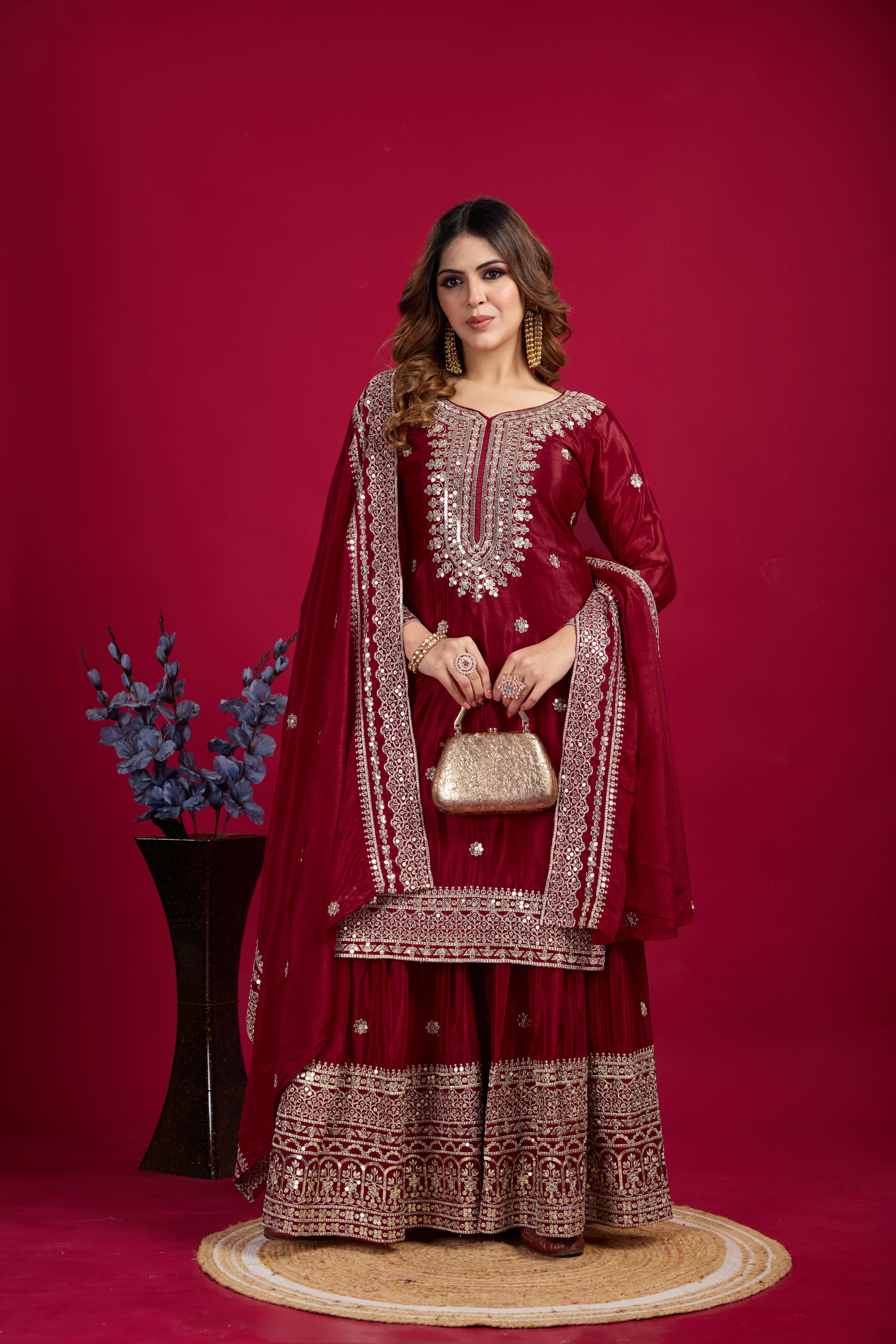 Teeya Creation Maroon Color Chinnon Silk Heavy Embroidery Work Fully Stitched Sharara Suit