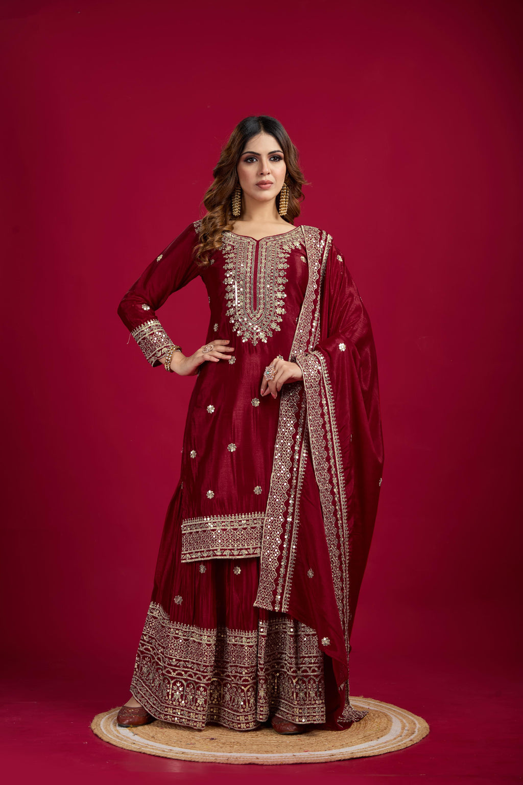 Teeya Creation Maroon Color Chinnon Silk Heavy Embroidery Work Fully Stitched Sharara Suit