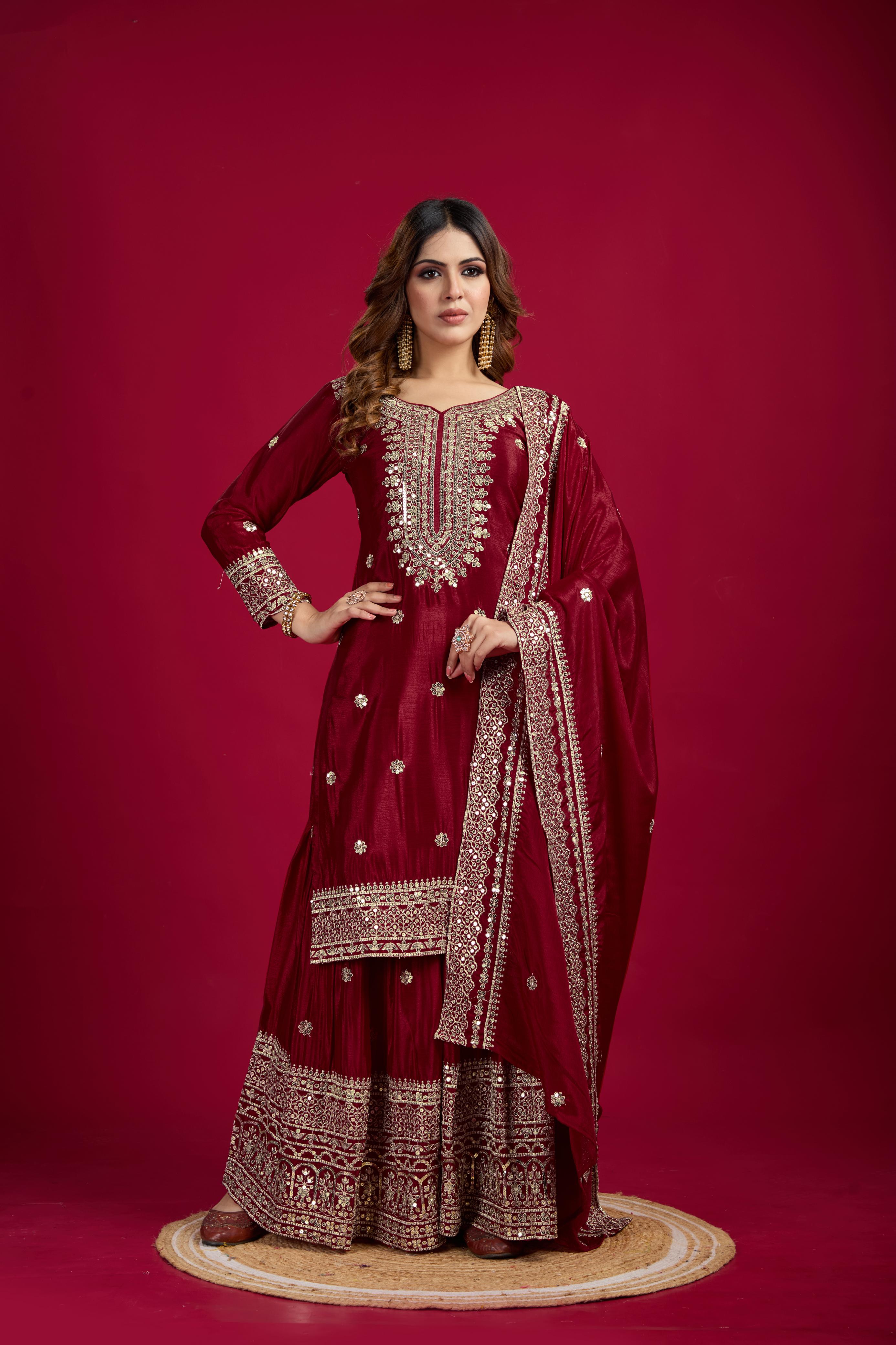Teeya Creation Maroon Color Chinnon Silk Heavy Embroidery Work Fully Stitched Sharara Suit