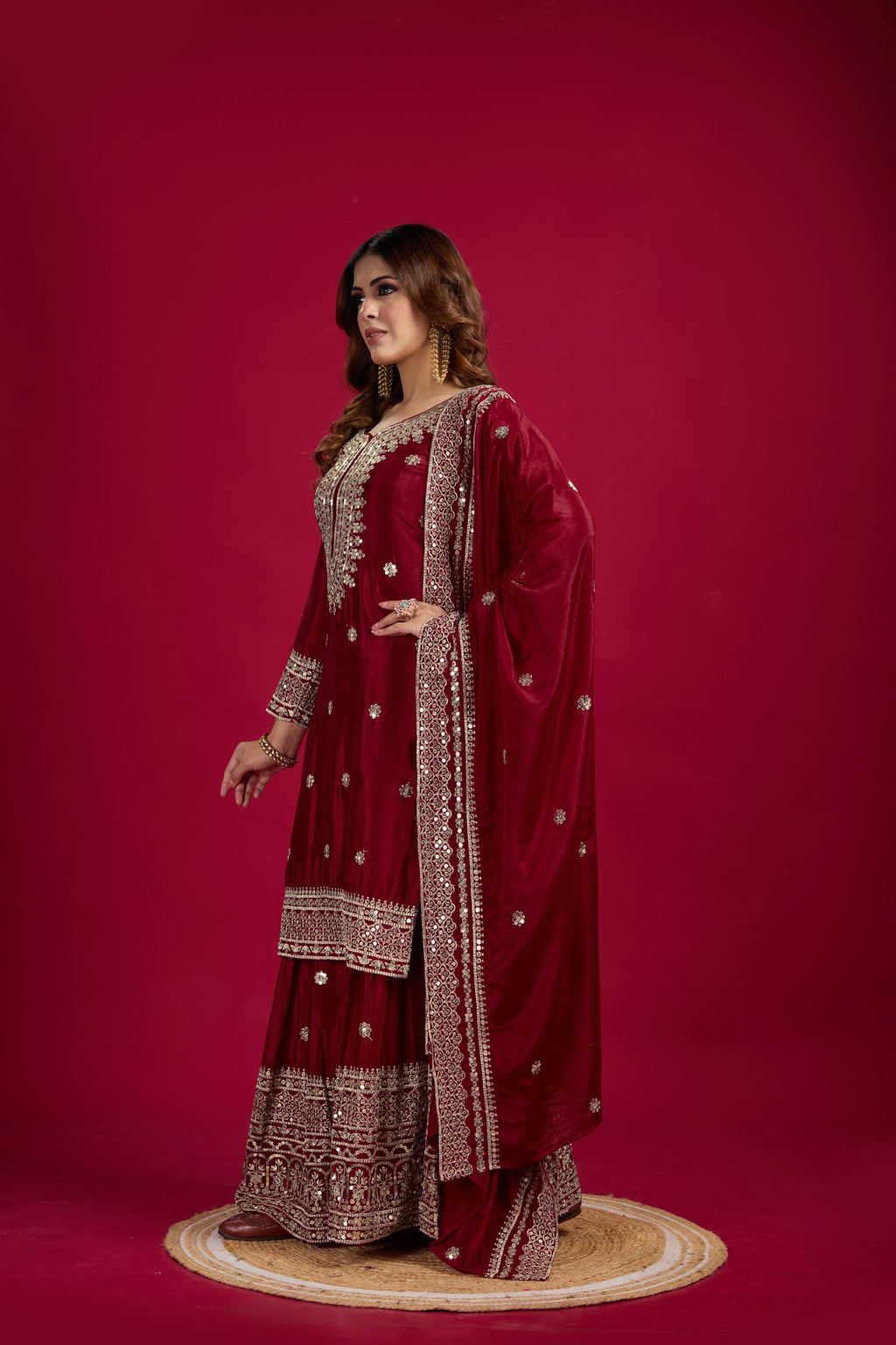 Teeya Creation Maroon Color Chinnon Silk Heavy Embroidery Work Fully Stitched Sharara Suit