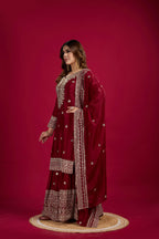Teeya Creation Maroon Color Chinnon Silk Heavy Embroidery Work Fully Stitched Sharara Suit