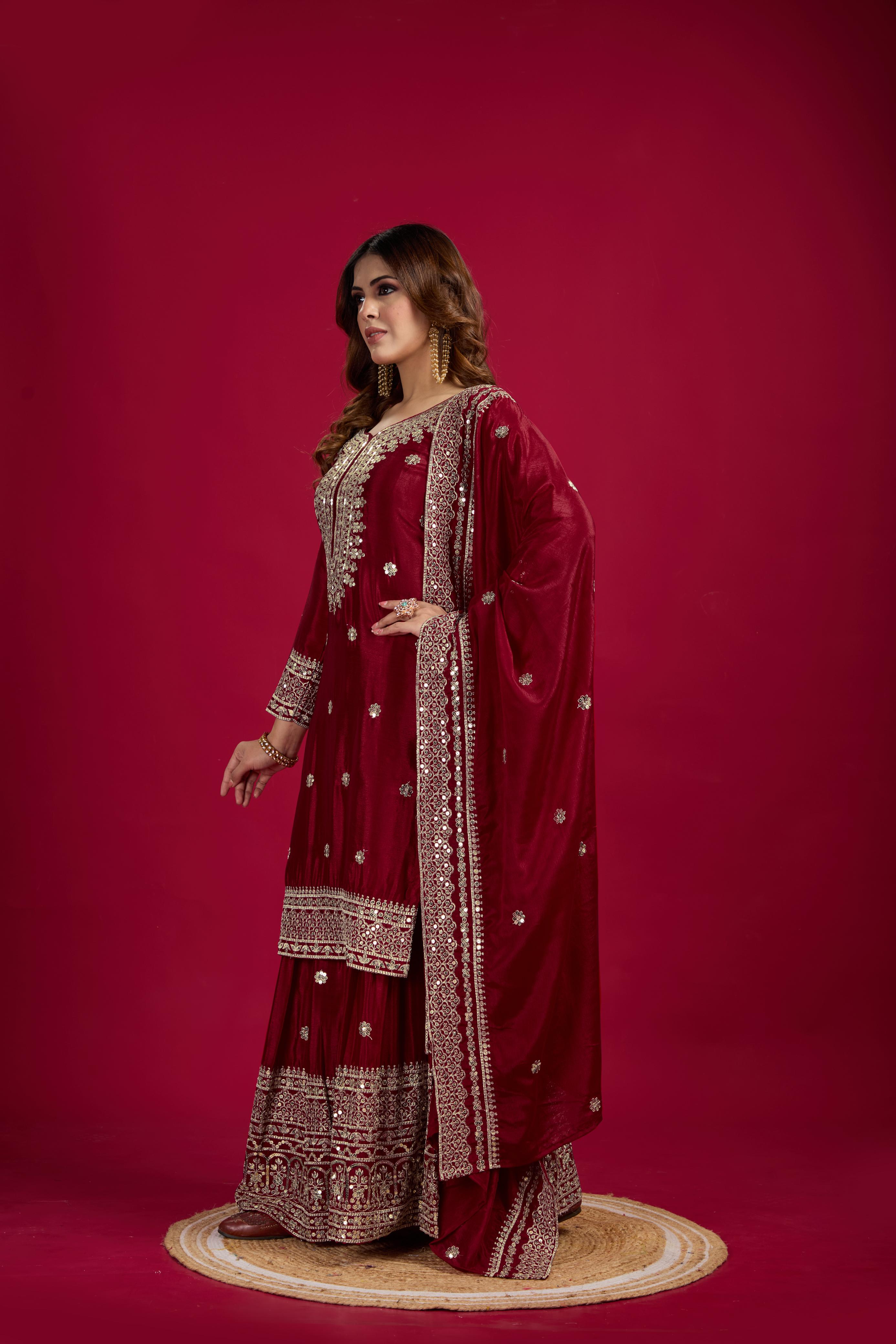 Teeya Creation Maroon Color Chinnon Silk Heavy Embroidery Work Fully Stitched Sharara Suit