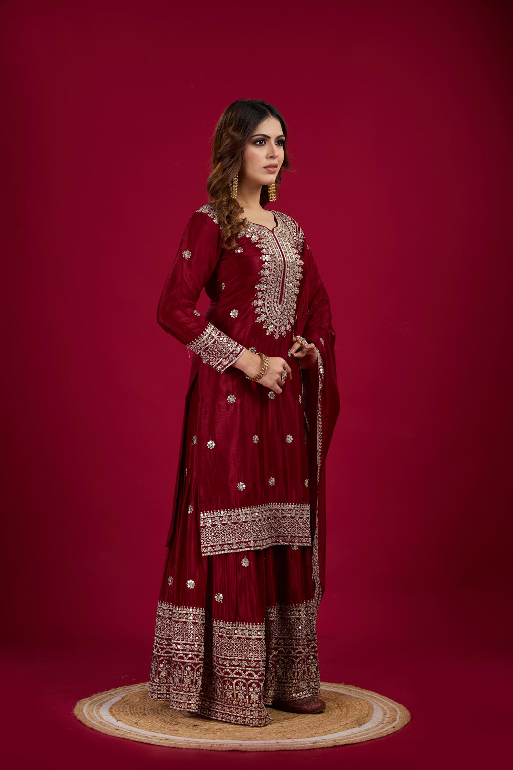 Teeya Creation Maroon Color Chinnon Silk Heavy Embroidery Work Fully Stitched Sharara Suit