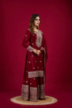 Teeya Creation Maroon Color Chinnon Silk Heavy Embroidery Work Fully Stitched Sharara Suit
