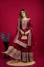 Teeya Creation Maroon Color Chinnon Silk Heavy Embroidery Work Fully Stitched Sharara Suit