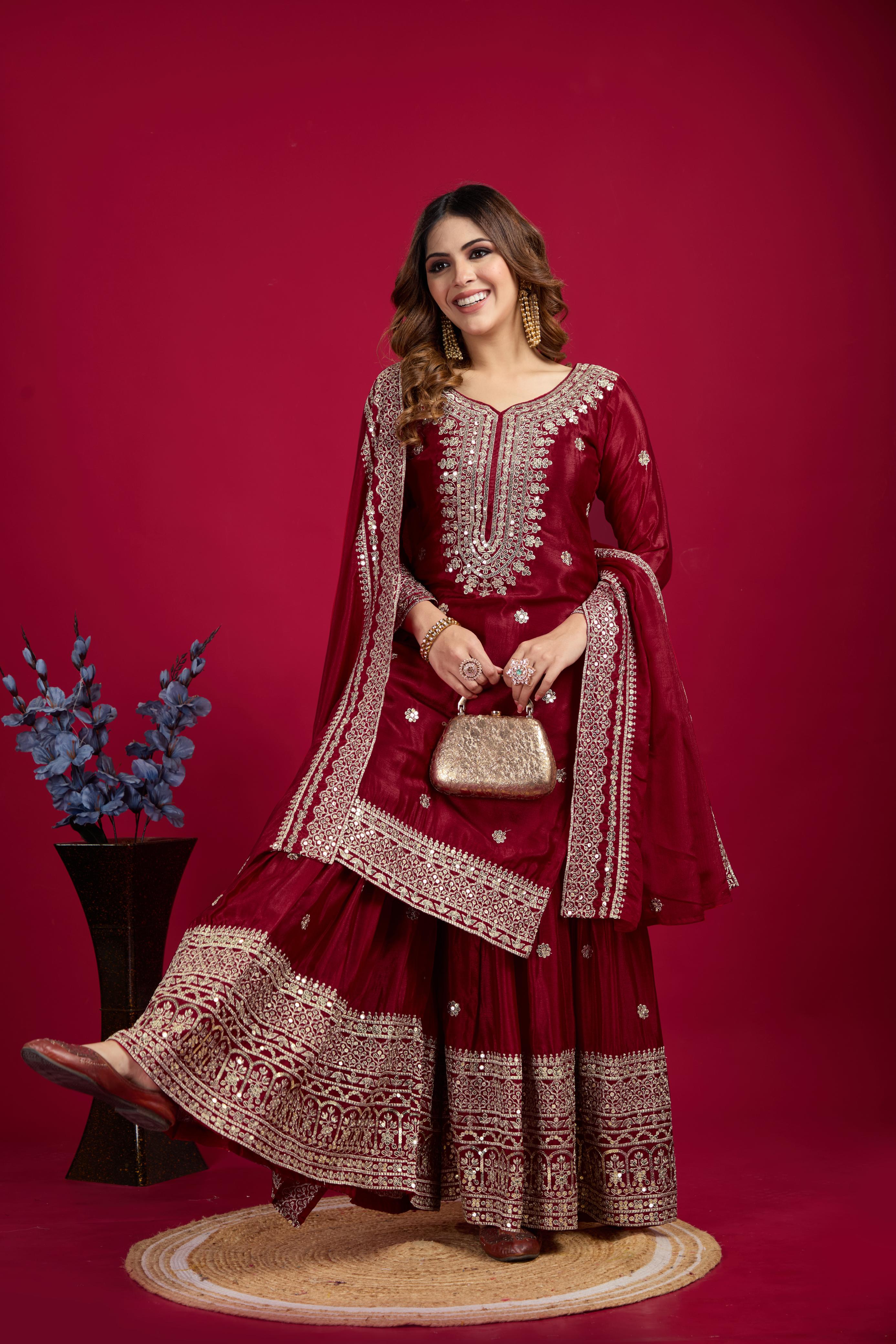 Teeya Creation Maroon Color Chinnon Silk Heavy Embroidery Work Fully Stitched Sharara Suit