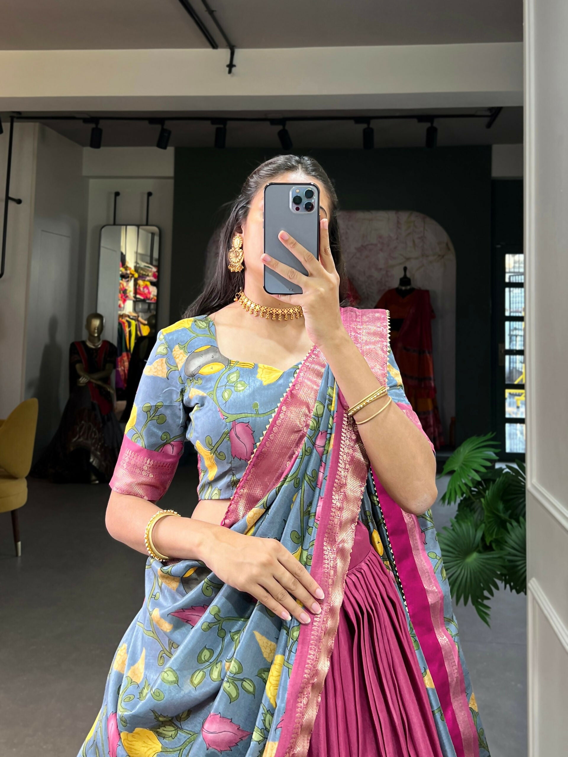 Vastranavya Kalamkari Printed Dola Silk Lehenga Choli - Pink