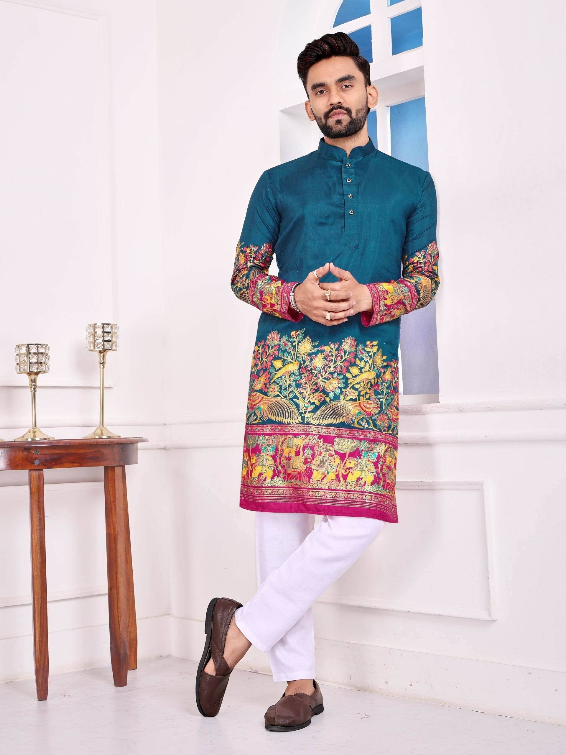 Anaita Teal Dola Silk Straight Kurta With Foil Work