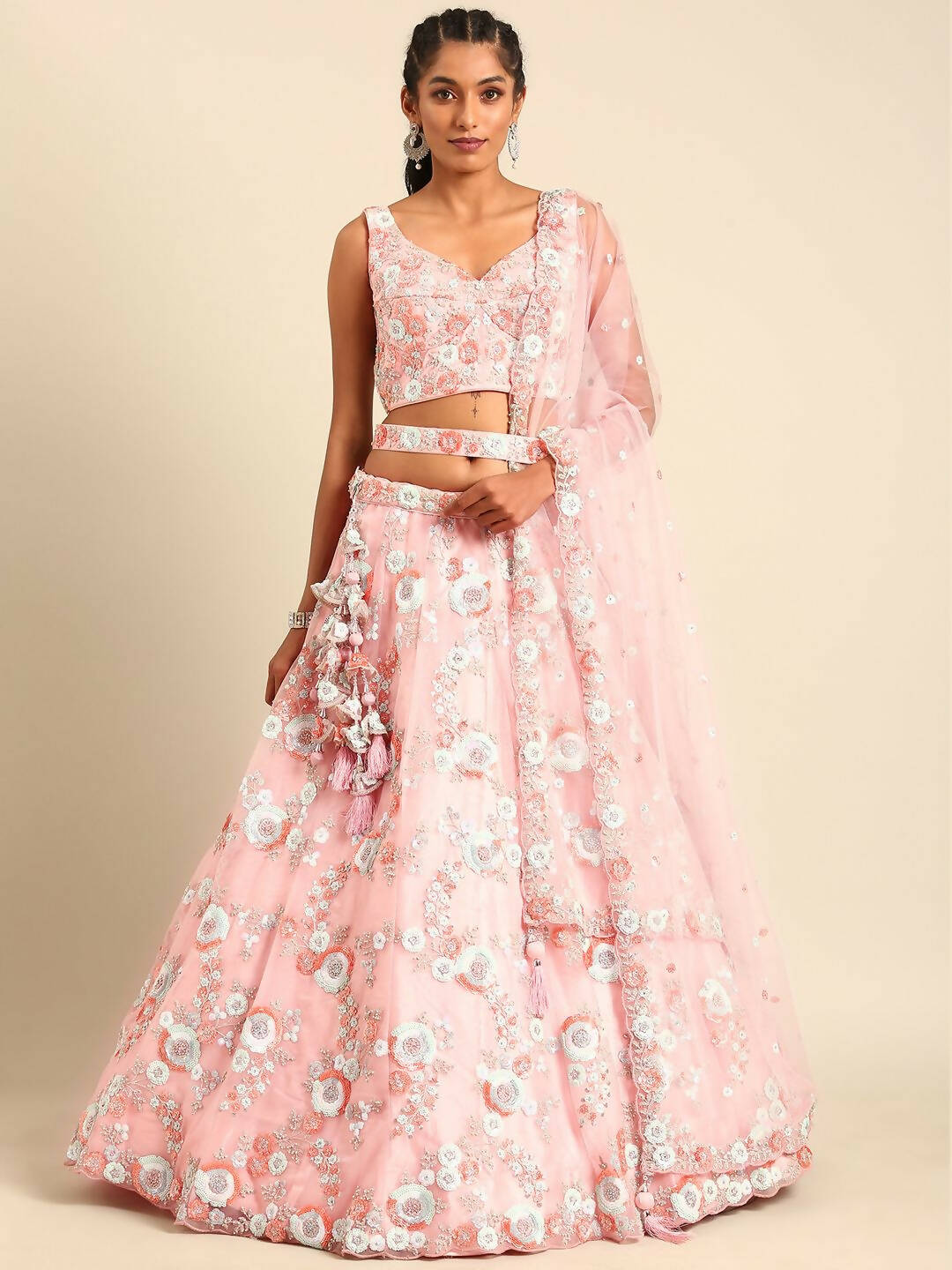 House of Panchhi Pink Net Sequins and Zarkan embroidery Lehenga choli & Dupatta