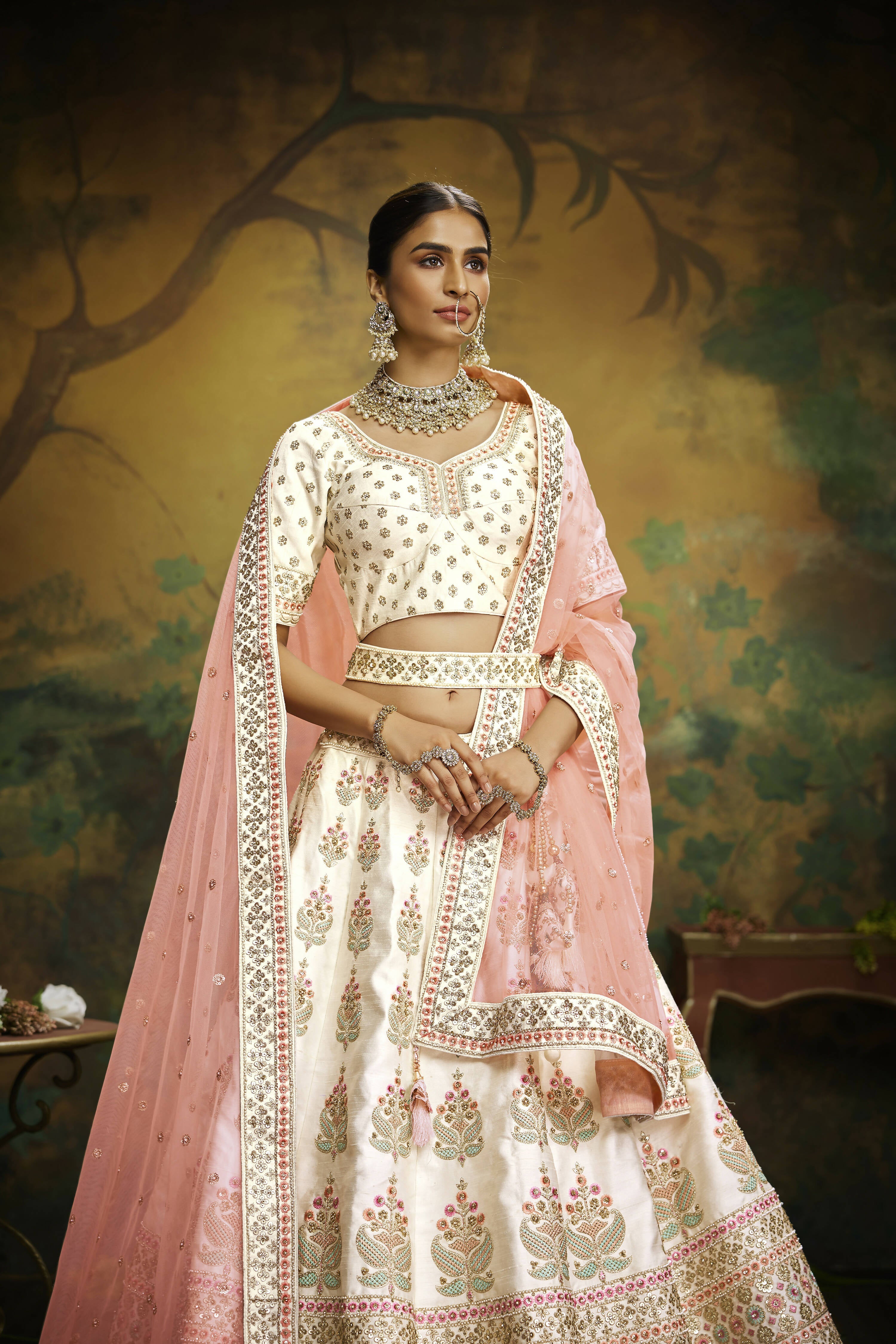 House of Panchhi Off White Pure Silk Moti & Zarkan heavy embroidery Lehenga choli & Dupatta