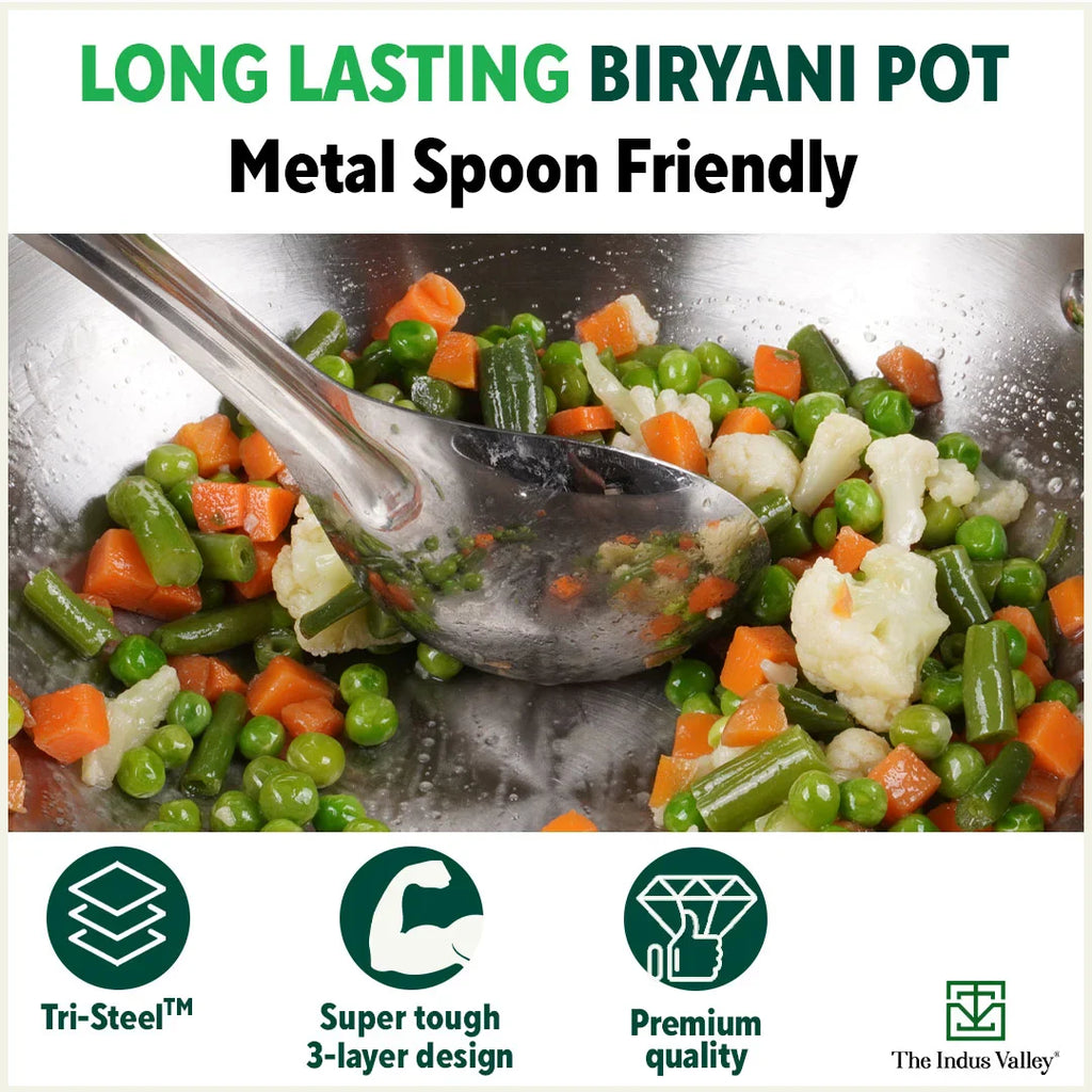 The Indus Valley TurboCuk Tri-ply Stainless Steel Biryani Cooking Pot/Casserole, Premium Quality, 3 Layer Thick Body, Cool Silicone Handles, 100% Toxin-free, Non-stick, Induction & Gas, Spatula, 2.9L