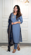 Lorenvalley Fashion Steelblue Roman Silk Hand Work Kurta Pant with Dupatta - Distacart