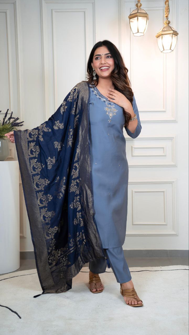 Lorenvalley Fashion Steelblue Roman Silk Hand Work Kurta Pant with Dupatta - Distacart