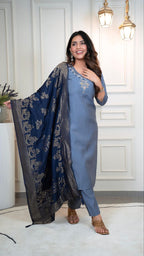 Lorenvalley Fashion Steelblue Roman Silk Hand Work Kurta Pant with Dupatta - Distacart