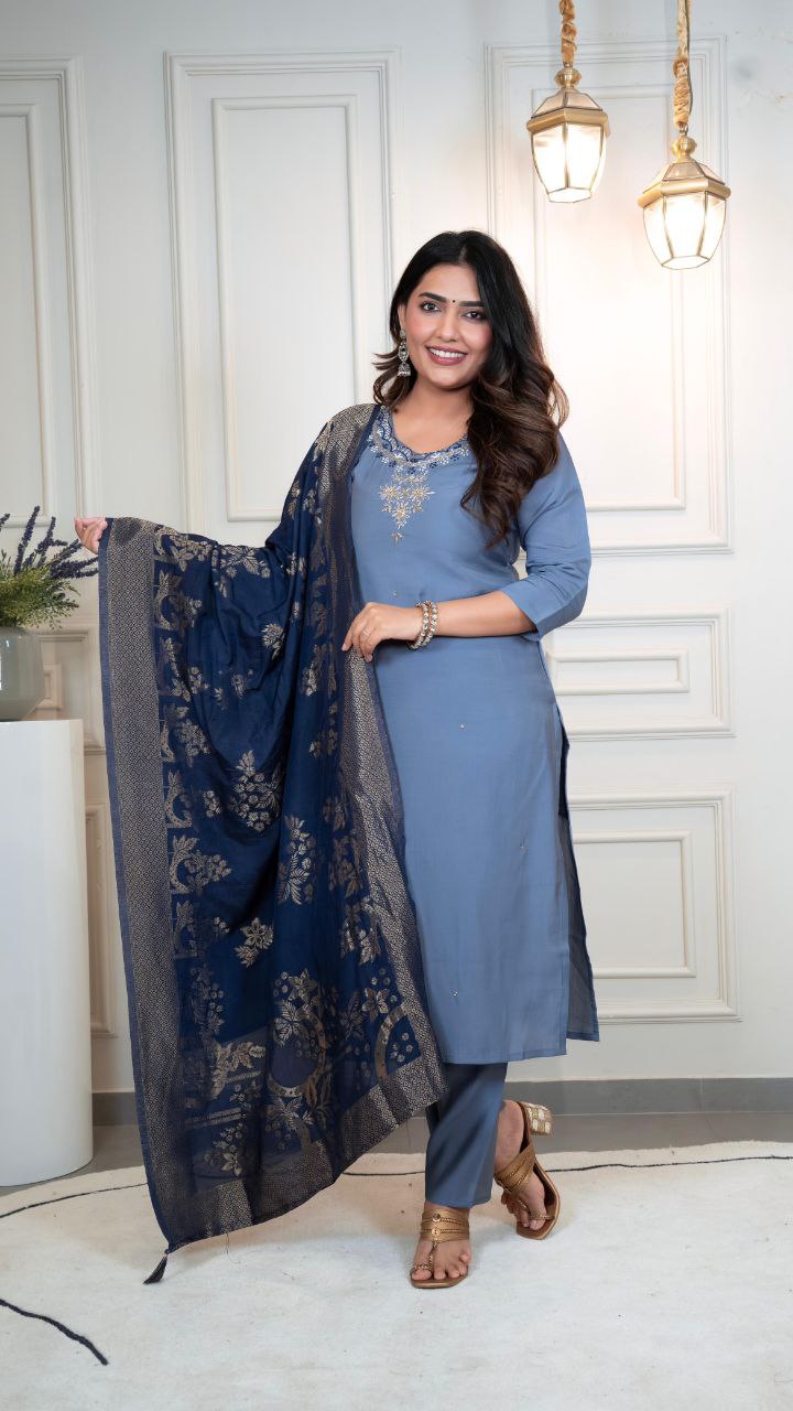 Lorenvalley Fashion Steelblue Roman Silk Hand Work Kurta Pant with Dupatta - Distacart
