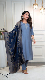 Lorenvalley Fashion Steelblue Roman Silk Hand Work Kurta Pant with Dupatta - Distacart
