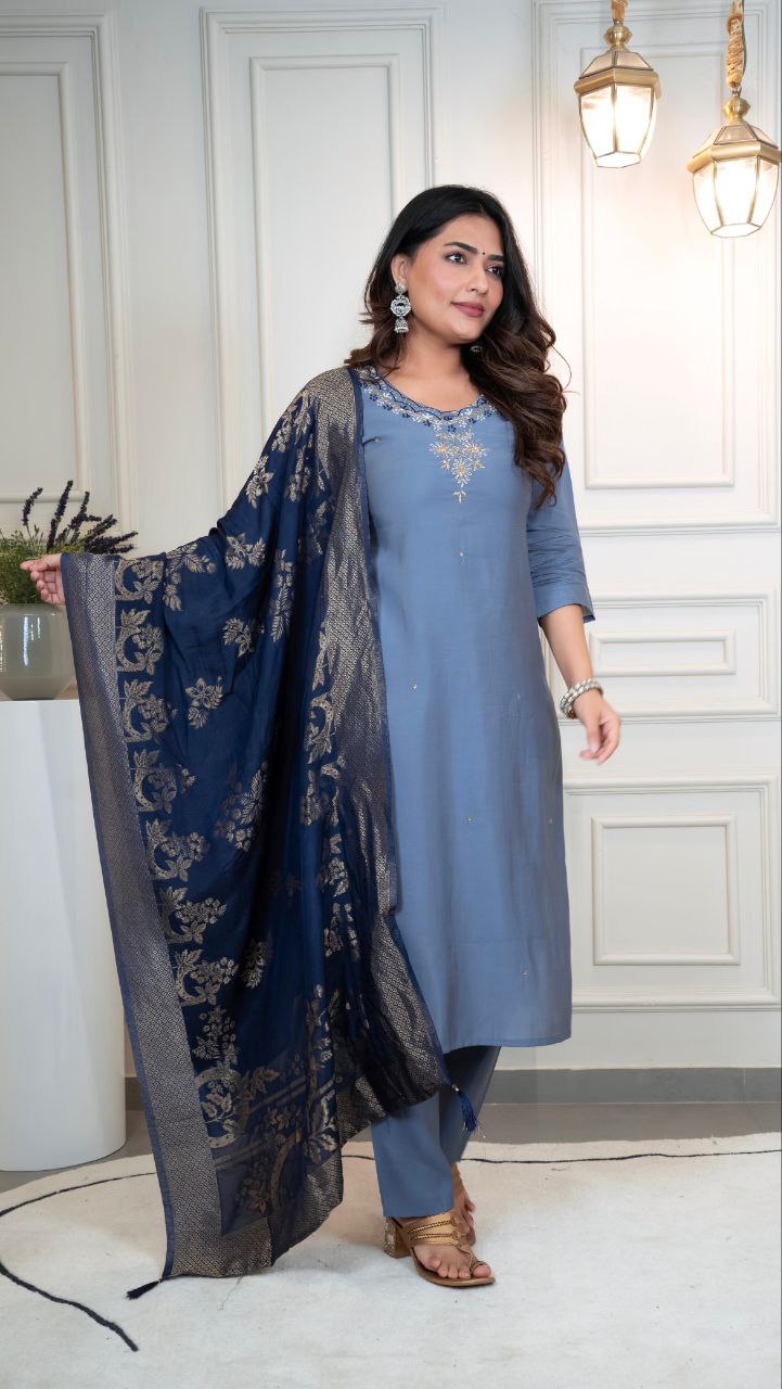 Lorenvalley Fashion Steelblue Roman Silk Hand Work Kurta Pant with Dupatta - Distacart