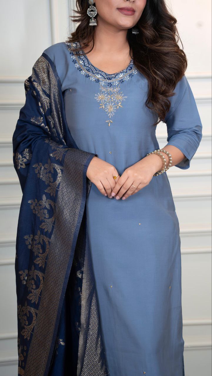 Lorenvalley Fashion Steelblue Roman Silk Hand Work Kurta Pant with Dupatta - Distacart
