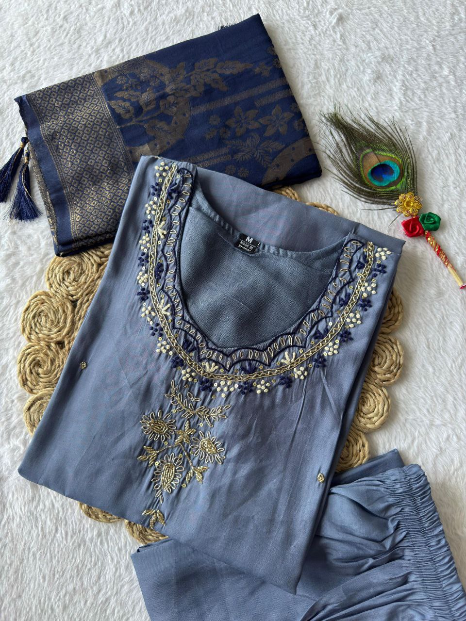 Lorenvalley Fashion Steelblue Roman Silk Hand Work Kurta Pant with Dupatta - Distacart