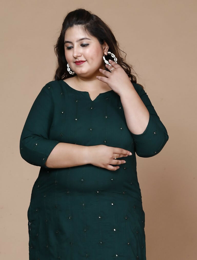 Miravan Women's Plus Size Green Embroidered Straight Kurti