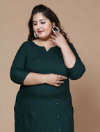 Miravan Women's Plus Size Green Embroidered Straight Kurti