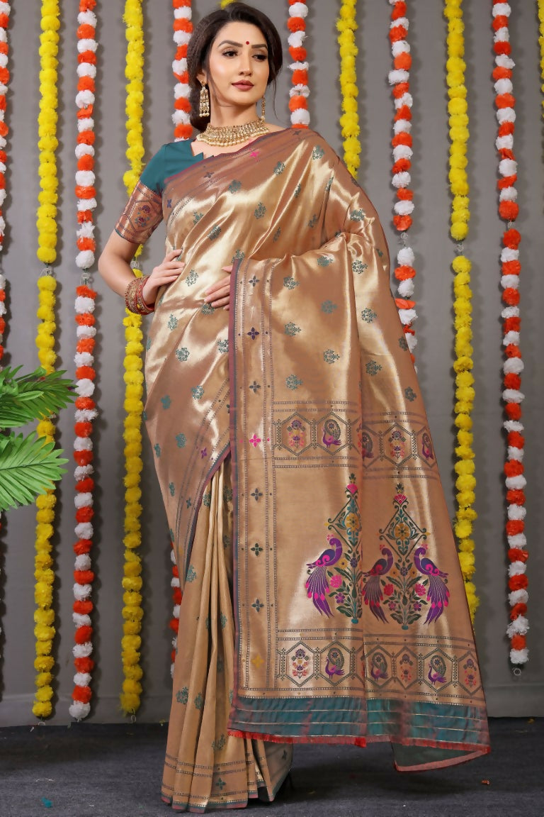 Jyoti Fashion Women's Grey Paithani Silk Zari Woven Saree with Blouse