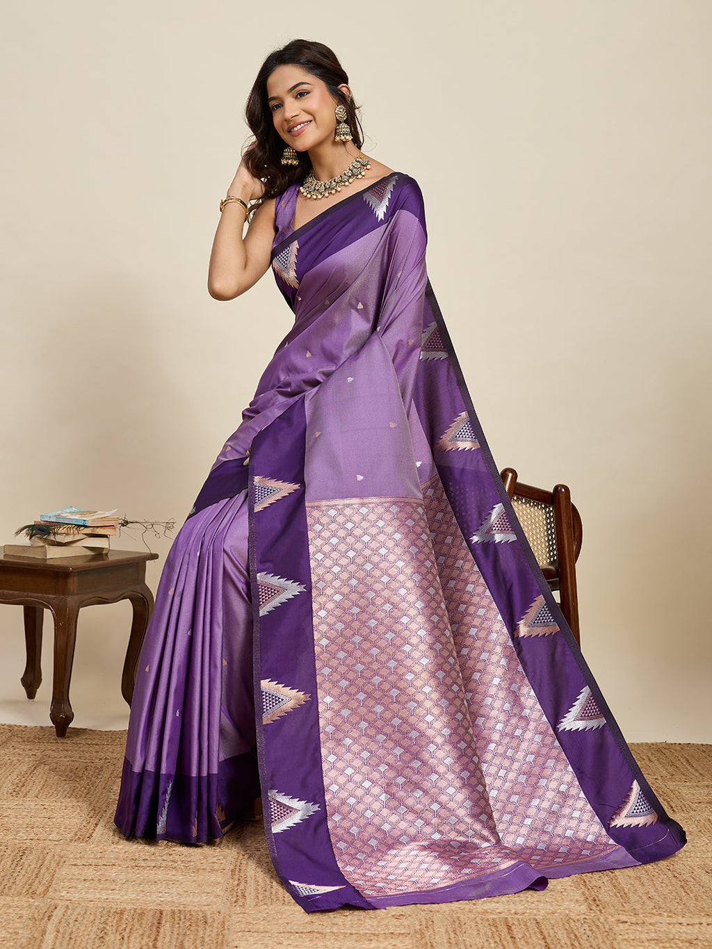 Vedant Vastram Soft Litchi Silk Banarasi Silk Jacquard Saree - Lavender