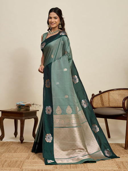 Vedant Vastram Soft Litchi Silk Banarasi Silk Jacquard Saree - Green