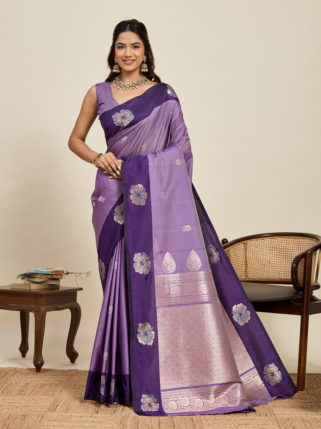 Vedant Vastram Soft Litchi Silk Banarasi Silk Jacquard Saree - Lavender