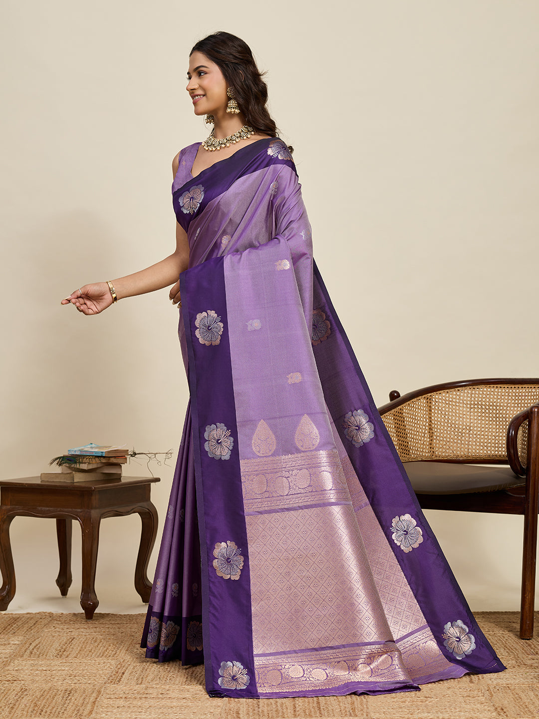 Vedant Vastram Soft Litchi Silk Banarasi Silk Jacquard Saree - Lavender